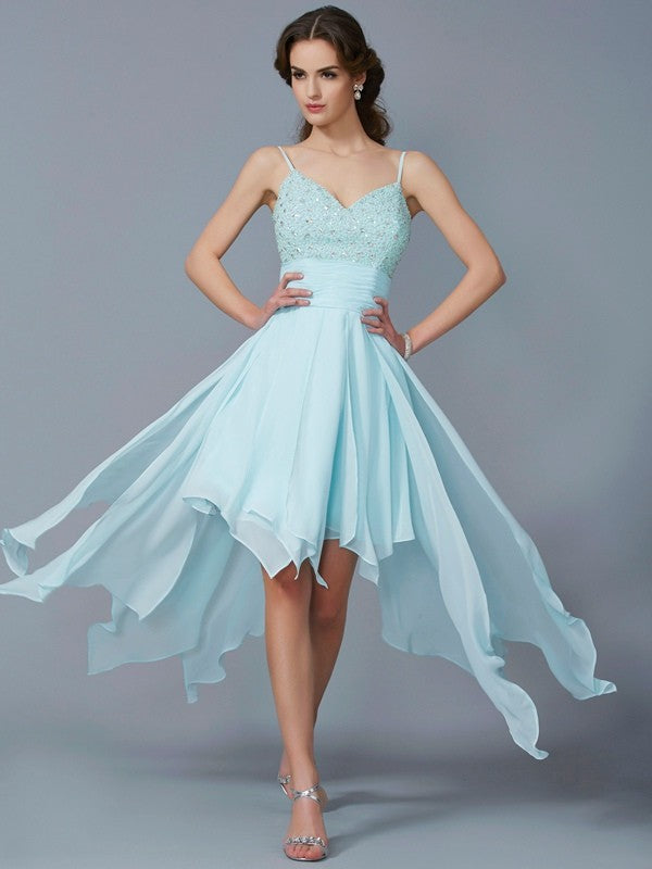 A-Linie/Princess-Linie Spaghettiträger Ärmellos Perlen verziert High Low Chiffon Homecoming Kleider